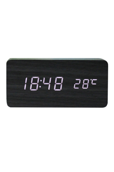 OEM Ceas deșteptător digital LED, negru retro, stil lemn, lumină albă, lumino...