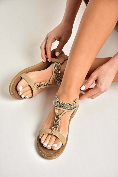 Fox Shoes Y274601309 Ten Flat Sole Piece Stone Detailed Women's Set Sandals