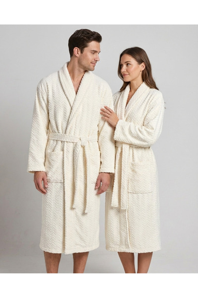 REDTAG Unisex Cream Jacquard Shawl Bathrobe Velour (Large)