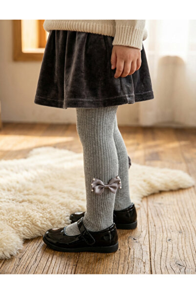 MiniKids Boston children's grey pearl bow tights