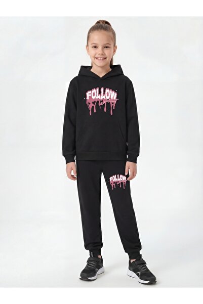 FYK KİDS Με τσέπη καγκουρό με κουκούλα Σετ φόρμας για κορίτσια με λεπτομέρεια...