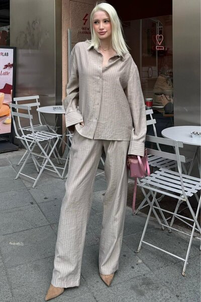 Madmext Stone Color Striped Women's Tencel Shirt Set Mg2695