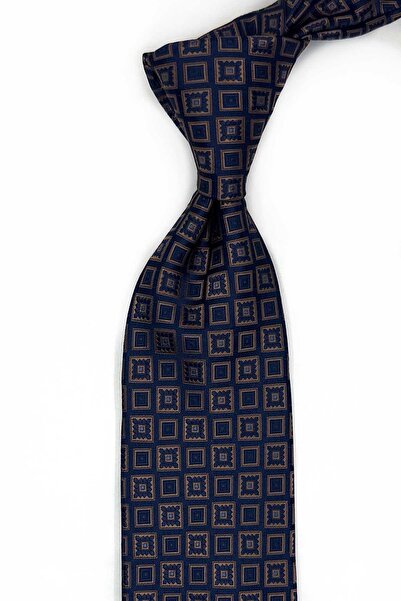 Kravatkolik Navy Blue Motif Patterned Classic Tie with Handkerchief Kk13633