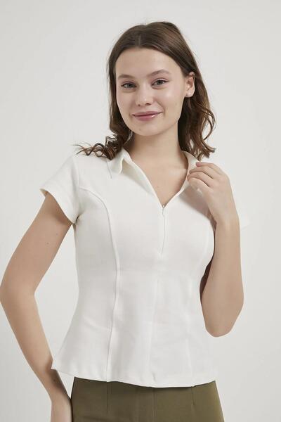 Shopping Shop Tricou cu guler și fermoar elastic ECRU