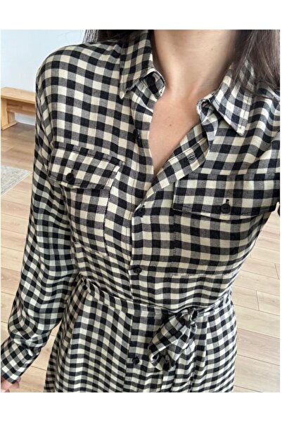 FLEX FASHION în carouri D cu model CE cu buzunare ROCHIE LUNGĂ CU PENE