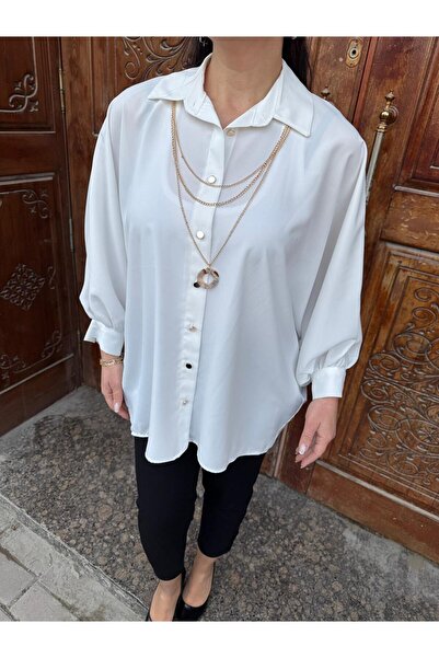 MODA Kadın Salaş Yarasa Kol Gömlek Bluz Zincir Kolye Detaylı Oversize Gömlek