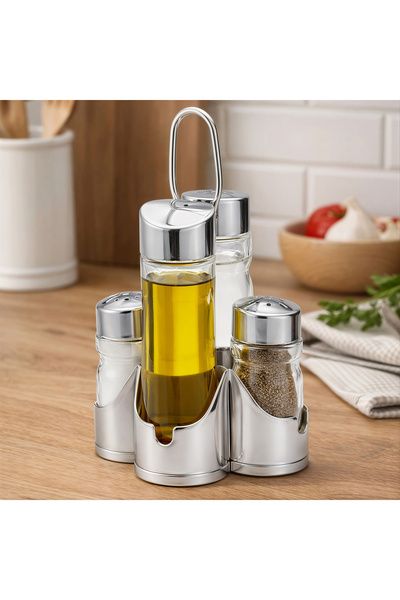 Issa Plastic Oil Dispenser with 4 Glass Containers for Oil, Vinegar, Salt, an...