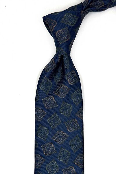 Kravatkolik Navy Blue - Green Motif Pattern Classic Tie with Handkerchief Kk1...
