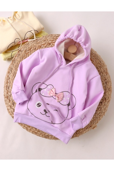 MiniKids Purple sweatshirt, little girl teddy bear with bow