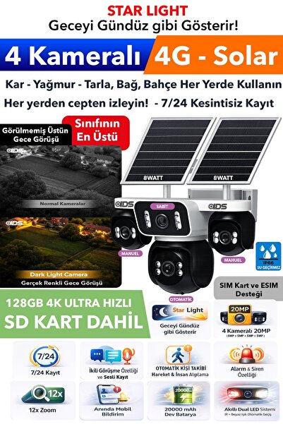 IDS 4 Kamera 20MP Güneş Enerjili 4G Güvenlik Kamerası StartLight Üstün Gece G...