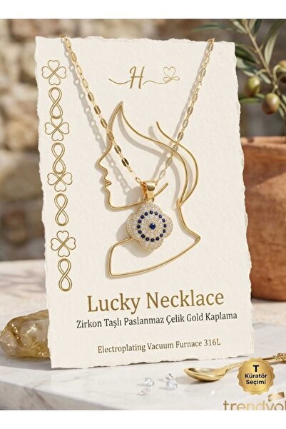 T-HAZEL 316L Nazar Beaded Zi̇kron Pendant Necklace Steel Aly