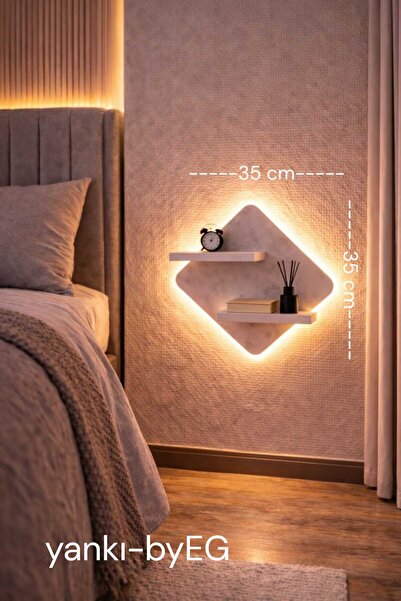 yankı-byeg Mat Beyaz MDF Led Işıklı Elektrik Bağlantılı Uçan Duvar Rafı Aydın...