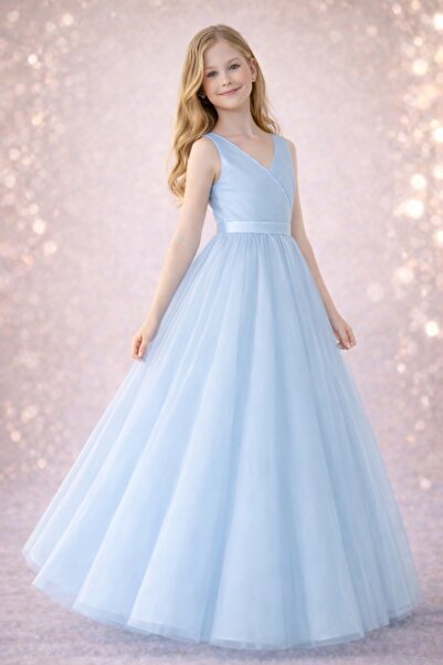 MadyaButik Baby Blue Double-Breasted Wrap Dress Graduation Birthday Special O...