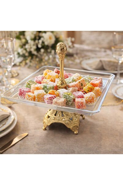 RASHA COLLECTION Gold Ayaklı Cam Sunum Tabağı – Dekoratif Pasta Kurabiye Serv...