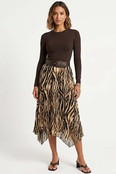 Raneel Kazançlı Alışveriş Women's Pleated Belt Piece Lined Brown Skirt