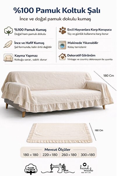 cotton maison Naturel Fırfırlı Koltuk Örtüsü Şalı Vintage 300x180 Cm