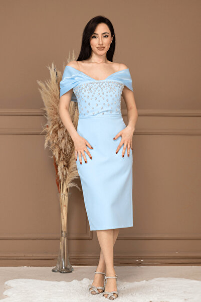 BEYBOS Double Fabric Stone Detailed Boat Neck Pencil Dress - Baby Blue