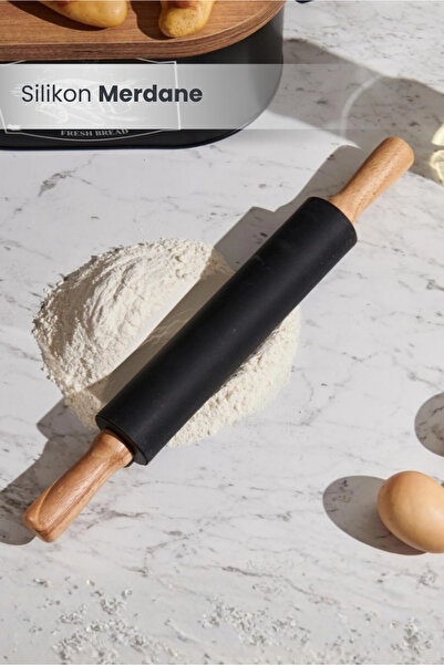 Orvila Bambu Saplı Siyah Silikon Merdane Silikon Oklava Hamur Açma Merdanesi