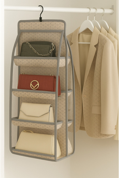 ozbience 8 Cepli Dolap İçi Düzenleyici Askılı Çanta Saklama Organizeri Bej