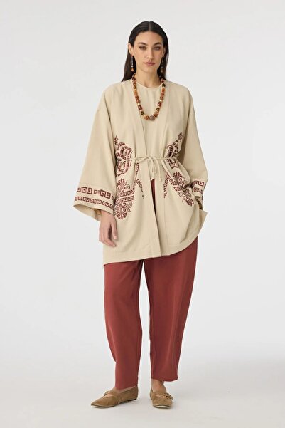 Zühre Etnik Desenli Kiremit Kimono Ceket Takım 1943
