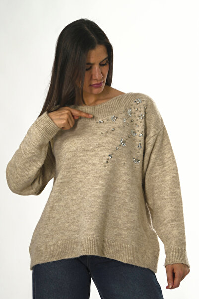 ABBRA Women's Shoulder Stone Embellished Sweater
