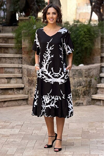 Nevin Kaya Moda V14-Rochie cu volane Black White Sea cu model cu fuste