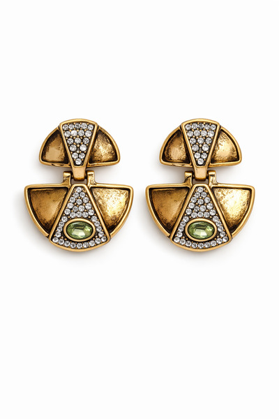 Angelovia Antique Gold Color Green Stone Geometric Earrings