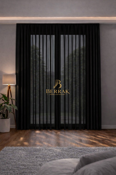 BerrakPerde Siyah Grek Tül Perde, Sık Pileli, Kullanıma Hazır, Salon Tül Perd...