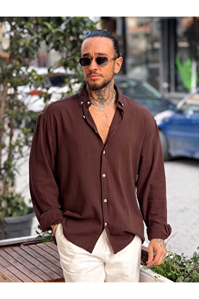 manch collection Oversize Krinkıl Keten Gömlek kahverengi