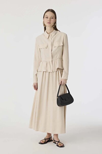 Zühre Beli Büzgü Detaylı Bej Etekli Takım 1840