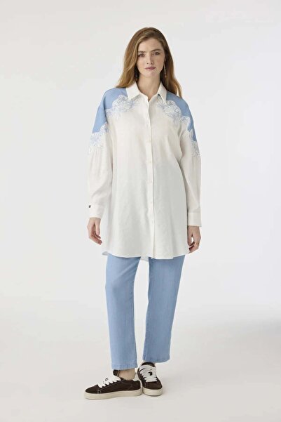 Zühre Kot ve Nakış Detaylı Ekru Tunik 1630