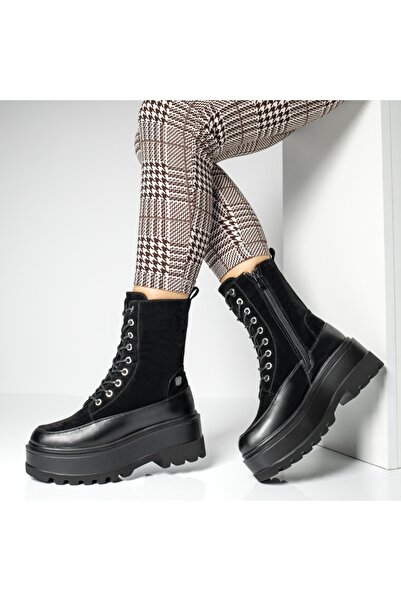 Modlet.ro Γυναικείες μαύρες Σουέτ μπότες με χοντρή σόλα MOD14141
