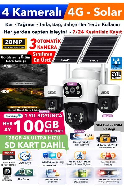 IDS 3 Otomatik 4 Kameralı 20MP 4G Güneş Enerjili Solar Güvenlik Kamerası 128G...
