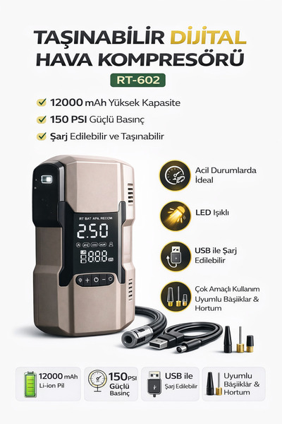 Spech Power Taşınabilir Dijital Hava Kompresörü – 12000 mAh Şarjlı Lastik Şiş...