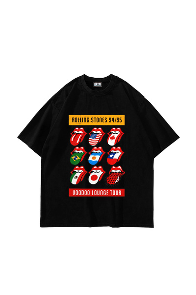 Bak Moda Rolling Stones Tour Printed Oversize Unisex Black Tshirt