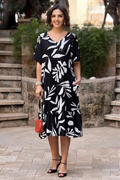 Nevin Kaya Moda V14-Black Floral Print Skirts Ruffle Dress