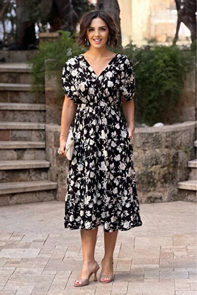 Nevin Kaya Moda V146-Negru imprimeu floral cu încrețituri Rochie