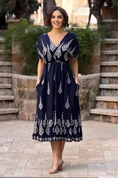 Nevin Kaya Moda V146-Albastru închis cu imprimeu etnic cu încrețituri Rochie