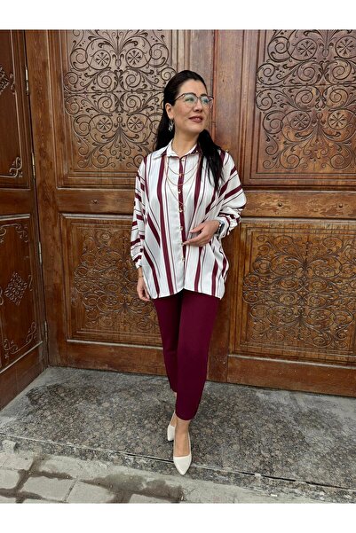 MODA Kadın Çizgili Oversize Yarasa Kol Gömlek Salaş Dökümlü Gömlek