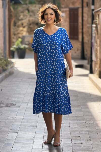 Nevin Kaya Moda V14-Μπλε Βιολετί Φόρεμα με βολάν και Με σχέδιο φούστες