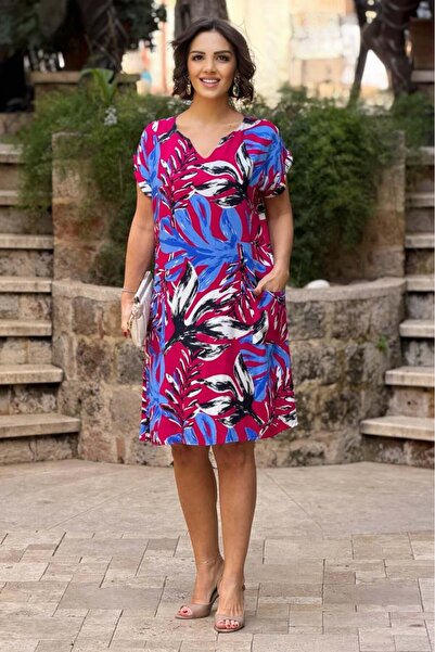 Nevin Kaya Moda V11-Ροζ Μπλε Φλοράλ Φόρεμα με Λαιμόκοψη