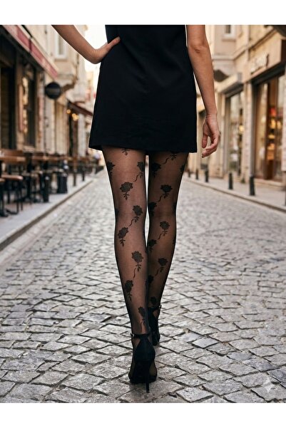 Nisa Flavour Women's Black Patterned Thin Pantyhose for Daily and Stylish Use