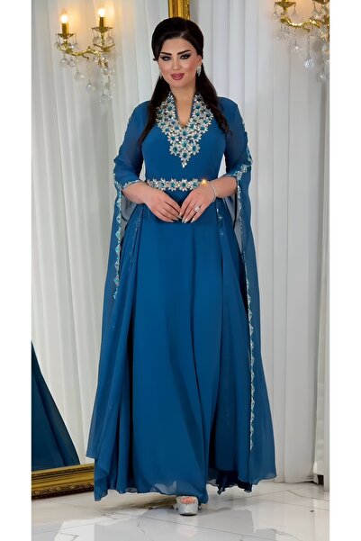 NHMODA Laser Stone Appliqued Chiffon Fabric Evening Dress