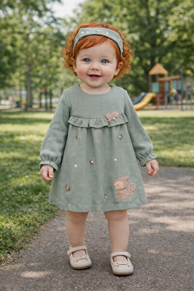 İNDİGO Baby Girl Green Seasonal Dress and Bandana Set 24134
