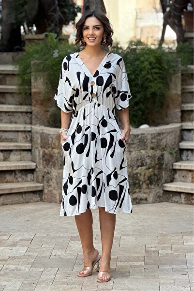 Nevin Kaya Moda V161-White Harmoni Patterned Wooden Button Dress