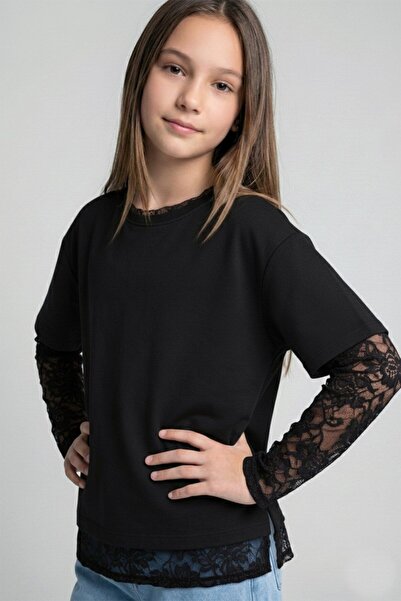 Dmb Момчета и момичета Дамска тениска с дантелени ръкави, черна