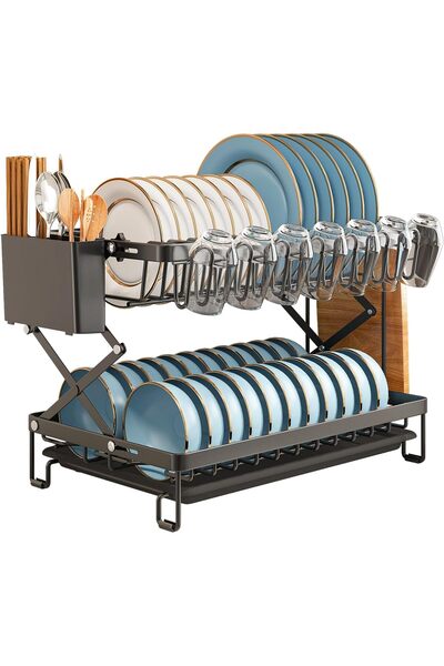 Arabest Foldable 2-Tier Dish Drying Rack, Large Kitchen Drainer with Pull-Out...