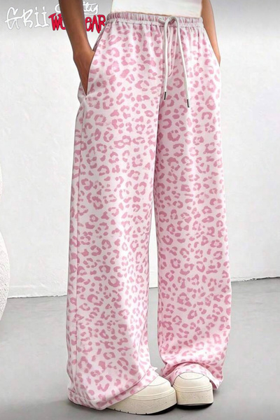 GRİİ WEAR Women's Pink Leopard Printed Piece Baggy Tracksuit Wide-Leg Elastic...