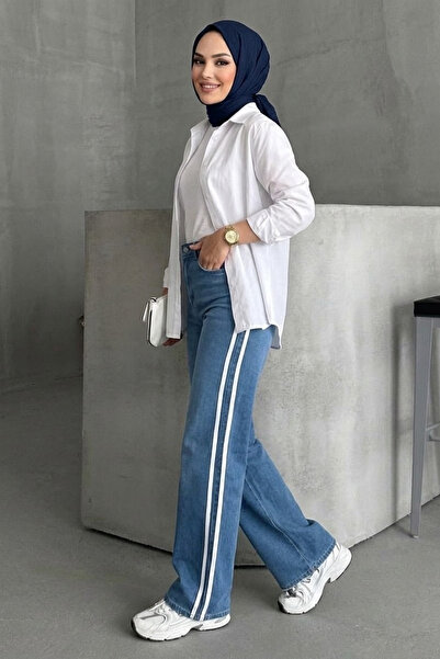 Tesettür Diyarı Γυναικείο ριγέ φαρδύ τζιν παντελόνι - Μπλε Λευκό