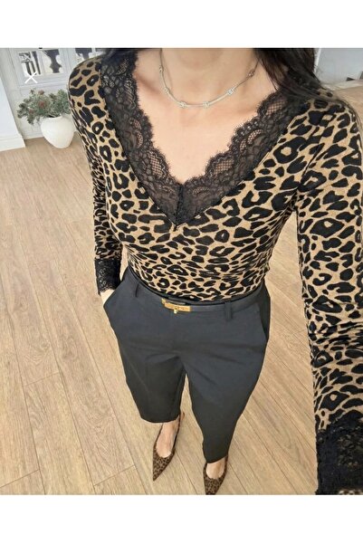 Mivida KAŞMİR LEOPAR DESEN V DANTEL BLUZ